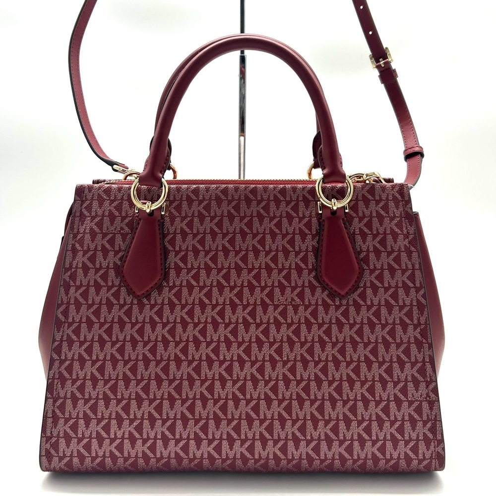 Michael Kors Marilyn Medium Signature Logo Stripe Satchel Bag Cherry - Picture 5 of 10